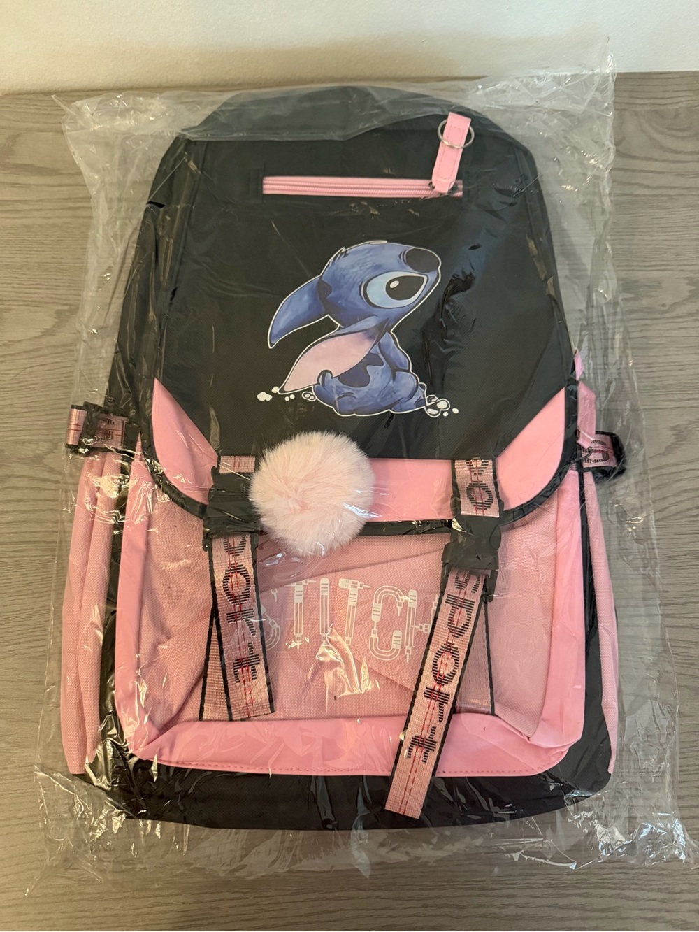 Stitch Character Pink Black Backpack Pom Pom New
